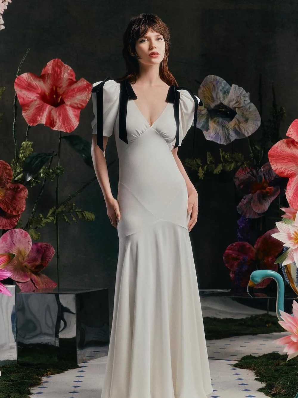 Commense White Satin Maxi Bridal Dress with Black Ribbon on Shoulder Detail